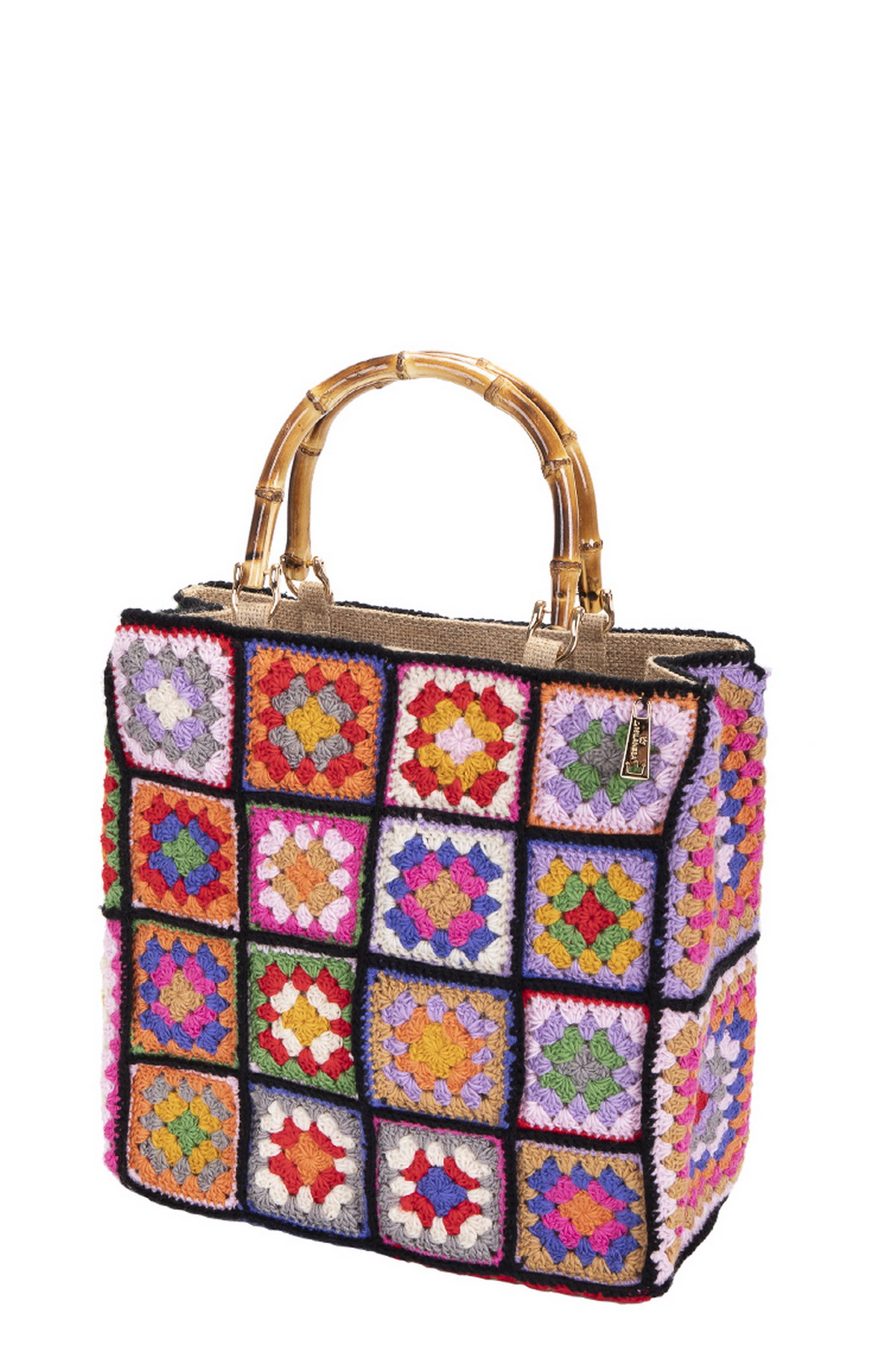 La MILANESA borsa tote in lana con disegno patchwork CROCHET variante colore Nero